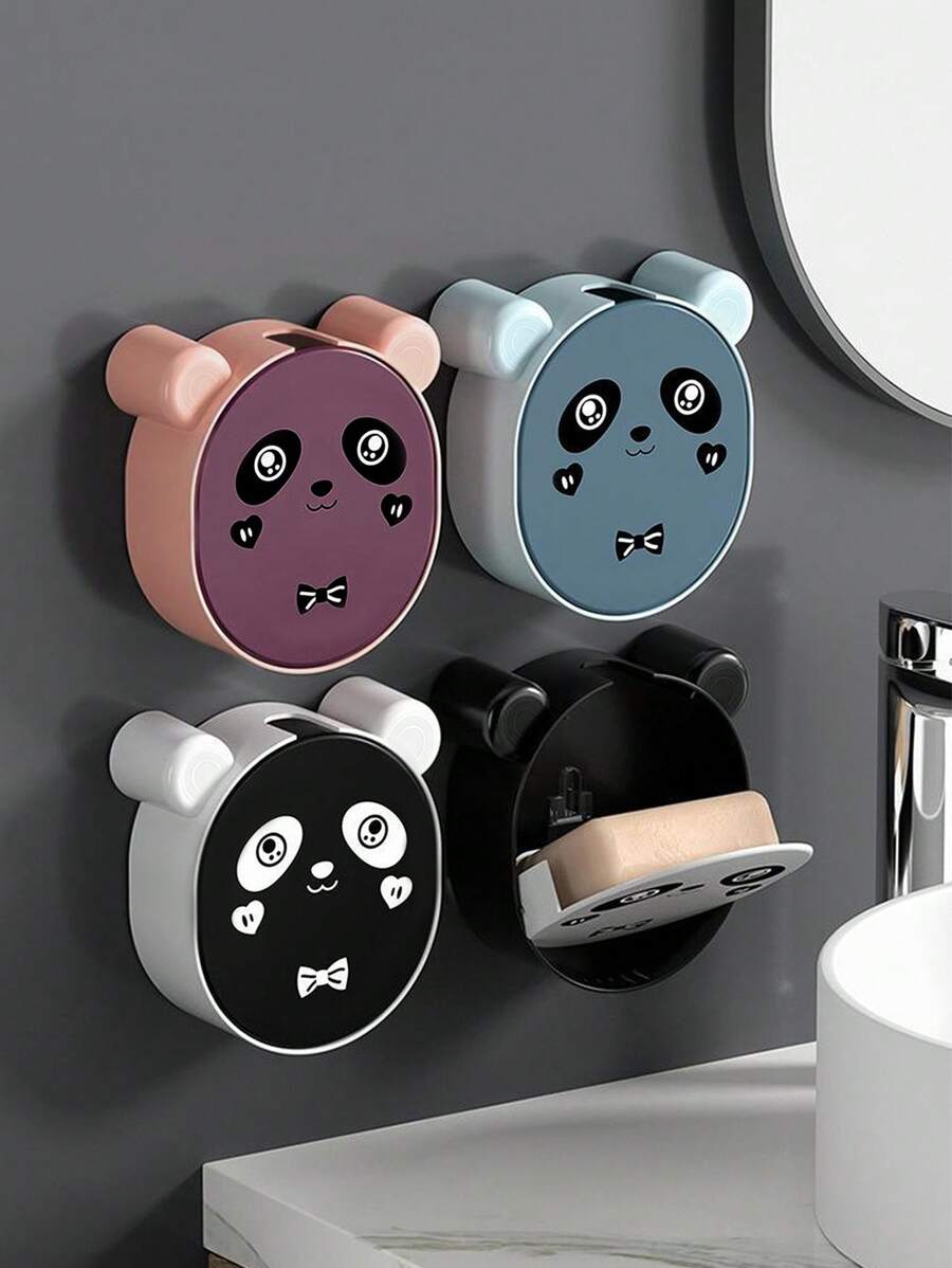 1 pièce Boîte à savon mignonne de dessin animé avec couvercle rabattable, support de rangement de savon de salle de bain monté au mur sans perçage, boîte à savon panda pour la rentrée scolaire