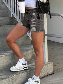 Casual Ripped Denim Shorts, Summer - Dark Grey - View 2