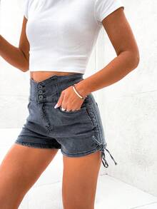 Pantaloni scurți din denim pentru femei, cu elastic, nasturi și șnur, gri, talie înaltă, stil scurt cu nasturi, culoare uni, casual, la modă, de vară, buzunare de zi cu zi.