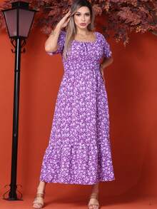 WOMEN'S LONG MIDI DRESS WITH PUFFED SLEEVES, RUFFLED, OFF-THE-SHOULDER, TRES MARIAS FLORAL - Púrpura polvoriento - Ver 1
