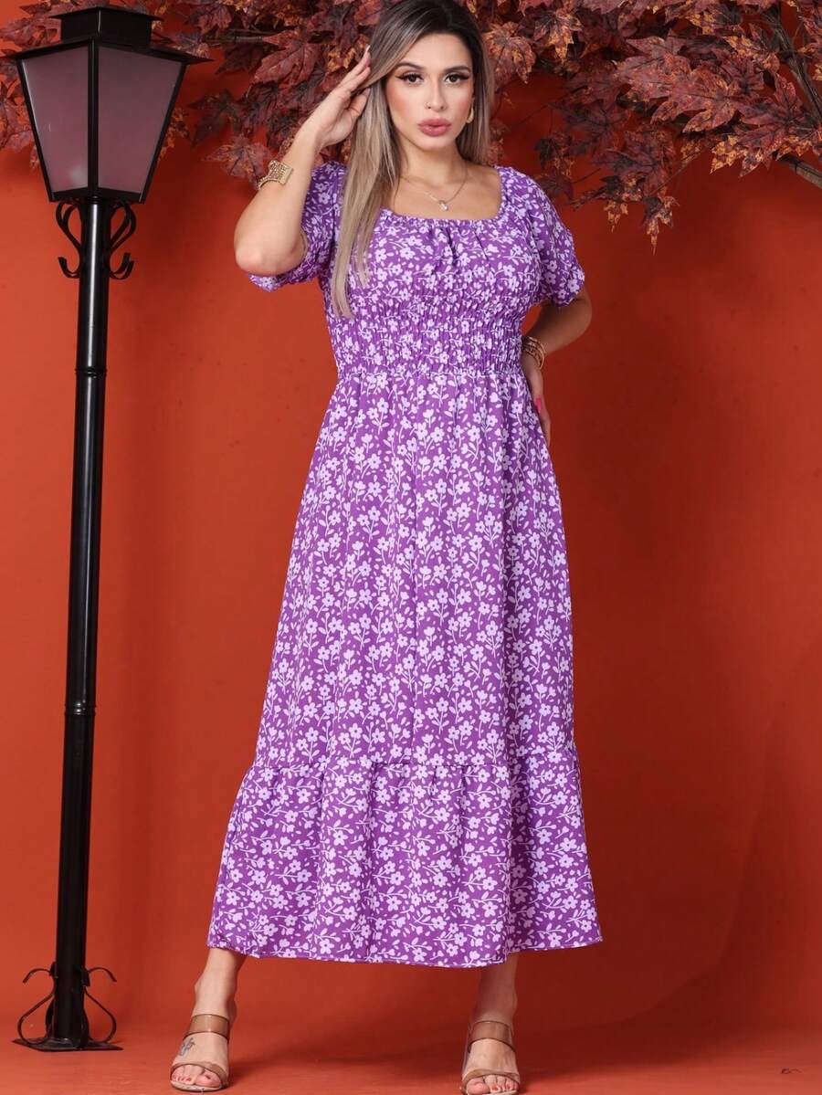 WOMEN'S LONG MIDI DRESS WITH PUFFED SLEEVES, RUFFLED, OFF-THE-SHOULDER, TRES MARIAS FLORAL - Púrpura polvoriento - Ver 1