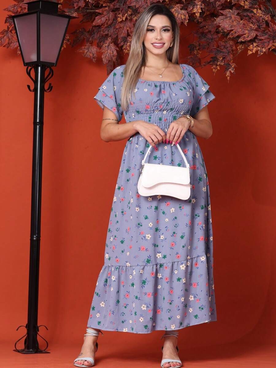WOMEN'S LONG MIDI DRESS WITH PUFFED SLEEVES, RUFFLED, OFF-THE-SHOULDER, TRES MARIAS FLORAL - Gris Claro - Ver 1