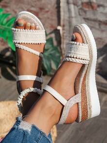 女式编织厚底坡跟凉鞋米色波西米亚风格度假鞋，圆头扣带高跟鞋，夏季