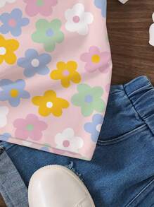 Camiseta de cuello redondo de manga corta con estampado floral para niñas, blusa casual para niños
