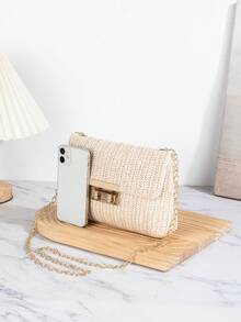 New Double Buckle Woven Crossbody Bag, Vacation Straw Bag, Travel Bag, Fashionable Portable Storage Bag, Chain Straw Bag, Beach Bag, Essential For Summer, Vacation Travel, Best Match For Beach - Beige - View 4