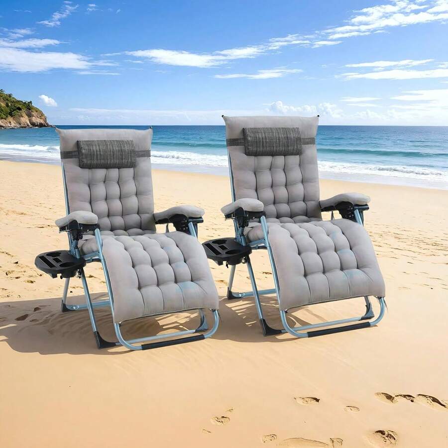 2-Seater Sun Lounger, Foldable Garden Lounger, Widened With Cushion, Weatherproof, Adjustable Backrest, With Headrest, Cup Holder, Load Capacity 160 Kg - Vải chải màu xám - Xem 1