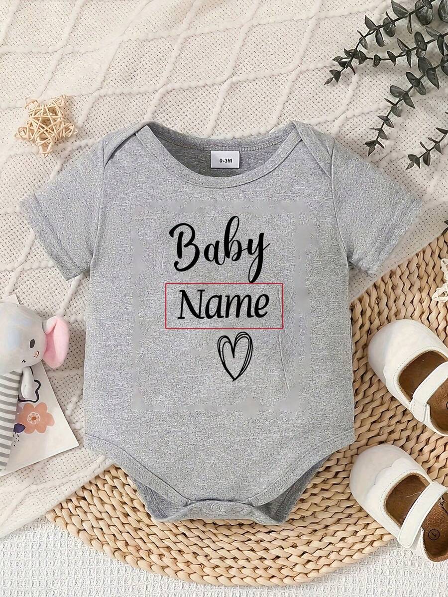[Customized] Personalized Name Print Baby Girls Cute Casual Bodysuit Bodysuit, Crew Neck, Suitable For All Seasons, Fashion Casual, Birthday Gift - White - Grey - View 1