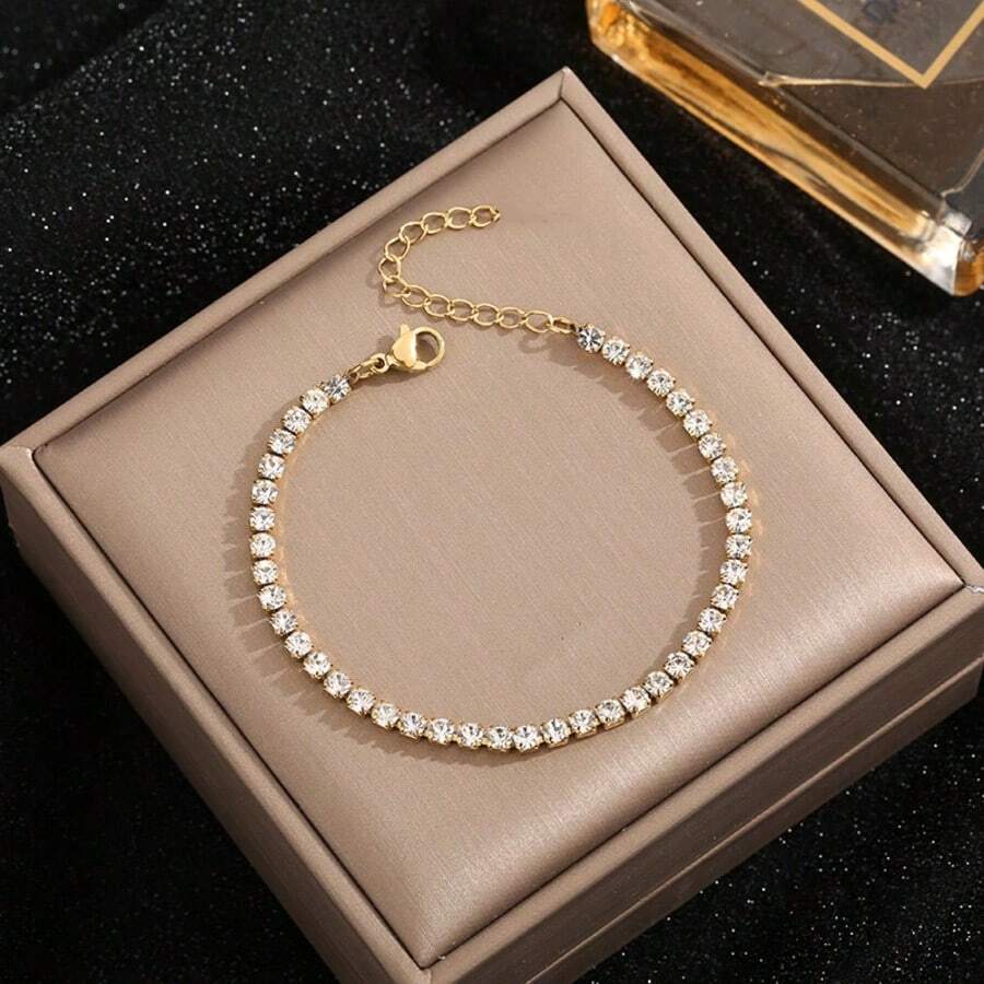 1PC Stainless Steel 18K Plated Zirconia Inlaid Bracelet For Women In French Fashion With Ins Style, Suitable For Parties, Dates, And Office Workers With A Mother Day Gift
