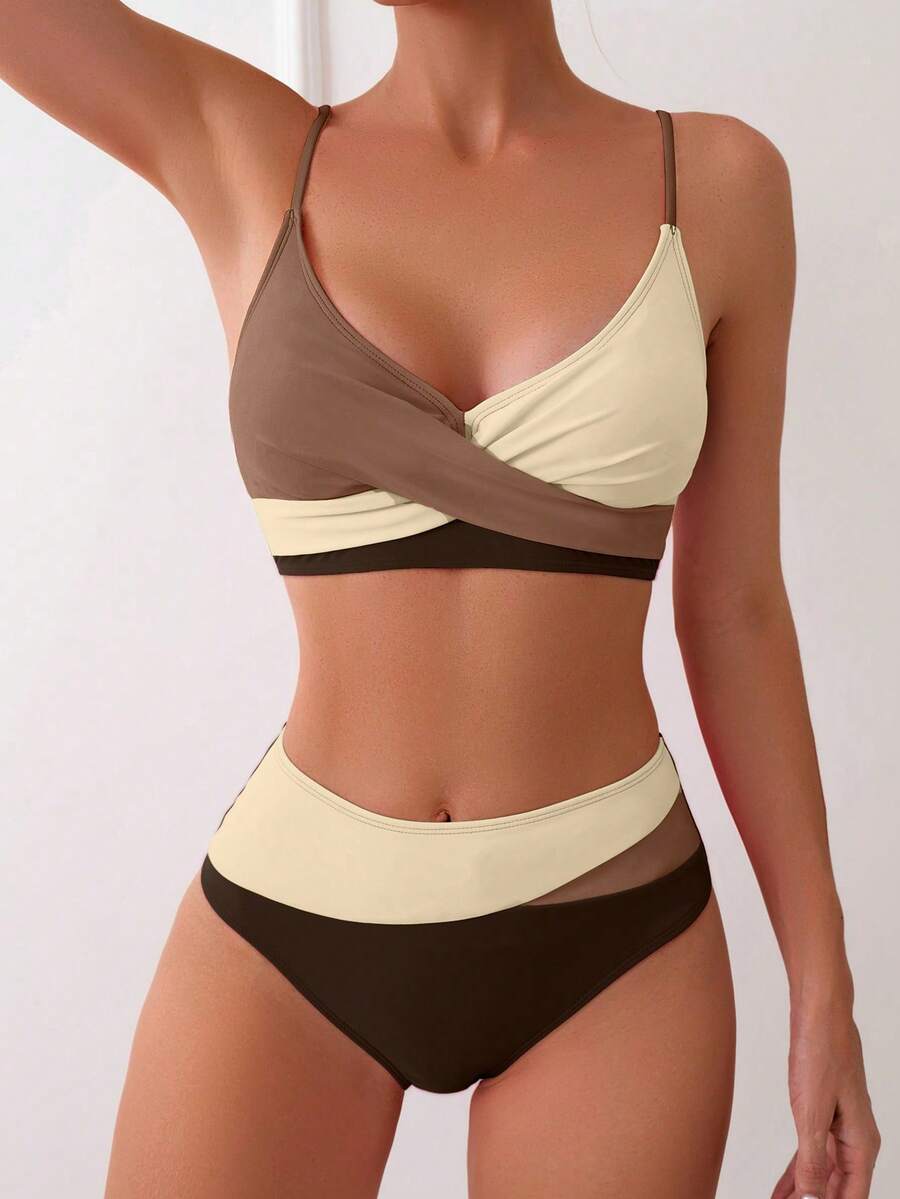 Women's Beach Vacation Color Block High Waist Bikini Set,V Neck Sarong Twist Front Tummy Control Push Up Swimwear - 棕色 - 查看 1