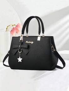 1 件女士纯色手提包，颜色：勃艮第红、安科拉红、波尔多红、宝石红、栗色、深红色、樱桃红、黑色、蓝色、灰色，采用 PU 材质，配有蝴蝶结星星吊坠，适合日常休闲、购物、旅行、商务通勤、书包套装、便携、经典休闲、商务休闲、适合少女、女大学生、白领、大学、适合办公室、小学、送给母亲或长辈的礼物、最佳母亲节女士礼物 - 彩色 - 查看 16