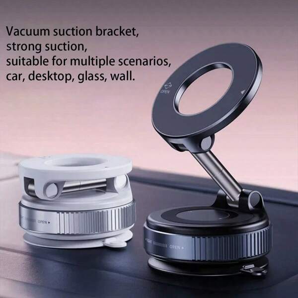 1pc 2025 New 360 Rotating Aluminium Alloy Magnetic Attraction Vacuum Suction Cup Car Mobile Holder Portable New Design Folding Phone Holder One-Handed Operation Full Range And Multi Angle Adjustment For Vehicle, Desk, Wall