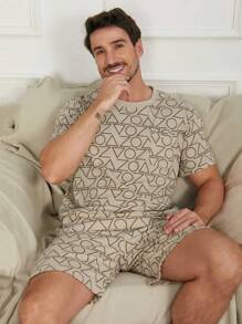 2pcs/Set Summer Men's Thin Geometry Print Round Neck Short Sleeve Shirt And Shorts Pajama Set, Casual Homewear With High-End Look