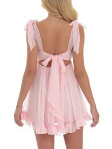 Women's Babydoll Mini Dress Tie Shoulder Backless Bow Party Summer Sundress Flowy Short Graduation Dress - 粉色 - 查看 4