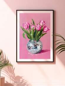 1 件，帆布挂画，墙面艺术，海报，易于悬挂，迪斯科球花瓶中的郁金香，粉色学院风墙面艺术，时尚花卉绘画，俏皮的房间装饰，镜面球印花，美丽的少女印花，可选画框 - 彩色 - 查看 12