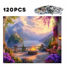 豪华湖畔露台：欣赏湖景城堡、舒适的沙发和户外火盆，1 盒 120/500/1000 片成人拼图 - 生动的节日图片，拼图爱好者的必备收藏品，完美的节日礼物