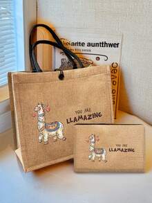 "Love Alpaca"Pattern Linen Tote Bag, Eid Al Adha Printed With A Alpaca Pattern,Small Bag With Print Travel Storage Bag,Large Capacity Travel Makeup Bag Reusable Women's Tote Bag, Double Handle Shopping School Bag, Large Capacity Shoulder Bag, Casual Tote Bag,Suitable For Commuting, School And Shopping, Convenient For Outdoor Use, Family Reunion,Feast Gift - Giving Gift For Friends And Besties,Festival Of Sacrifice - Khaki - View 14