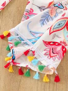 Tween Girls Bohemian Style Paisley Print 2 Pieces Set, Colorful Tassel Decor, Sleeveless Top And Loose Cropped Pants, 100% Polyester, Pullover Crew Neck, Non-Stretch Woven Fabric, Casual Spring/Summer Outfit, Suitable For Outdoor - White - View 3