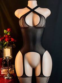 性感连体衣，渔网紧身连体衣，女士贴身内衣，性感内衣，女士贴身套装，手洗，女士内衣 - 黑色 - 查看 2