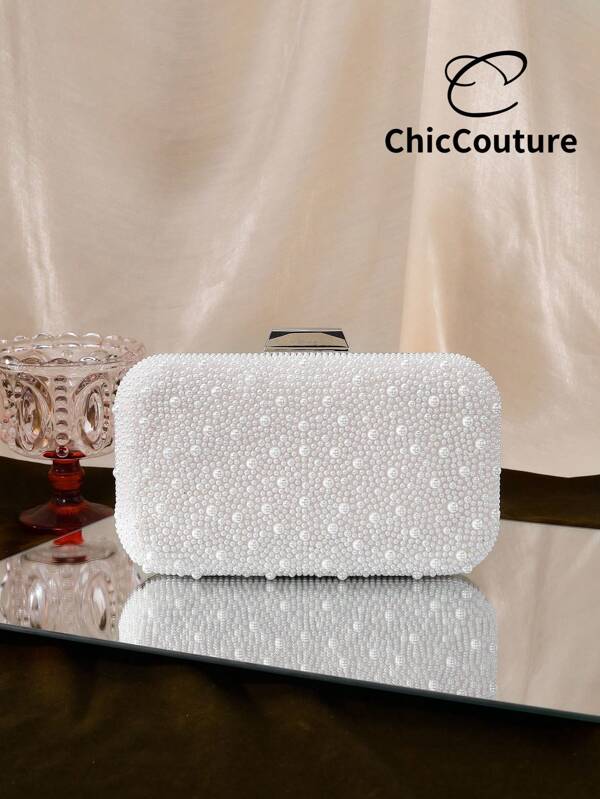 Bolso de mano tipo clutch de mujer elegante y romántico con decoración de perlas - Bolso de lujo de noche, bolso de mano vintage formal adecuado para bodas, galas, bailes, eventos formales navideños; incluye correa con cadena