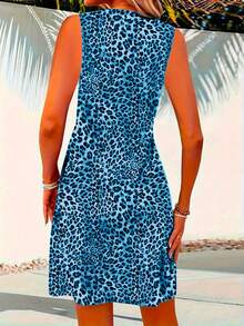 Chic Leopard Print Sleeveless Midi Dress, V-Neck Tie Front Dress