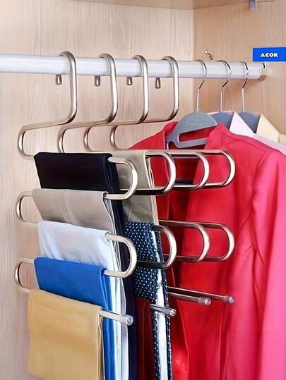 1pc Stainless Steel S-Shaped Multi-Tier Pants Rack, Space-Saving Closet Organizer Hanging Rack For Long Pants, Towels, Scarves, Ties, Non-Slip Design, Wide Capacity, Easy Reach, Keeps Wardrobe Neat And Accessible In Small Spaces, Durable Rust-Resistant Construction, Adjustable Spacing, Compact Footprint, Ideal For Dorms, Apartments, Shared Closets, And Dressing Areas, Convenient For Belts, Socks, Accessories, And Quick Outfit Selection