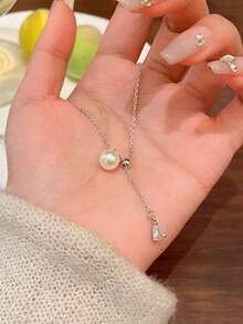 1pc Minimalist Titanium Steel Non-Fading Pearl Snake Bone Necklace - White - View 9