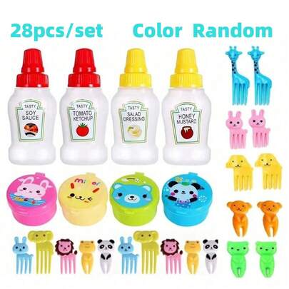 Juego de vajilla de 28 piezas, incluye palillos para comida, mini condimentos, tenedores de postre, moldes de silicona para magdalenas, conos para comida, botella exprimidora de ketchup, mini embudos para salsa, juego de cubiertos de dibujos animados lindos, suministros de cocina