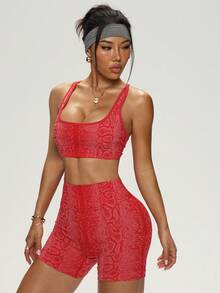 Bộ đồ tập yoga nữ in họa tiết da rắn gồm áo tank top và quần short, thích hợp cho yoga, chạy bộ, tập thể dục, trang phục thể thao mùa xuân/hè. - Đỏ - Xem 5