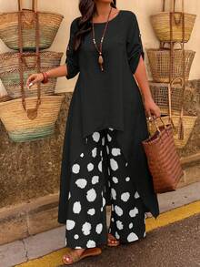 UrbanChic 大码两件套纯色印花套装，前短后长，春夏皆宜，适合情人节、优雅女士、夏季度假、婚礼及活动、外出、度假、沙滩、春假等场合，黑色款。 - 黑色 - 查看 1