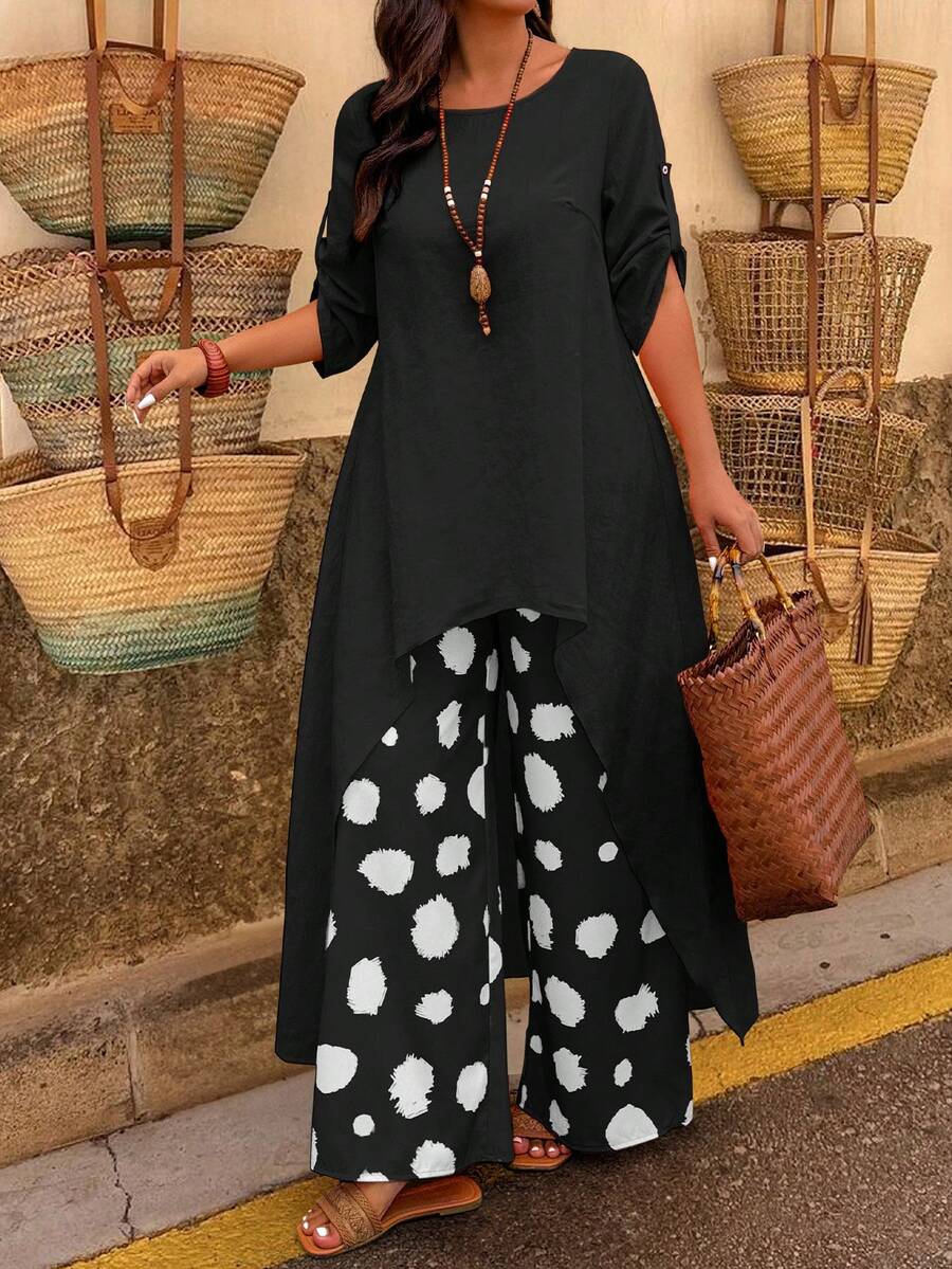 UrbanChic 大码两件套纯色印花套装，前短后长，春夏皆宜，适合情人节、优雅女士、夏季度假、婚礼及活动、外出、度假、沙滩、春假等场合，黑色款。 - 黑色 - 查看 1