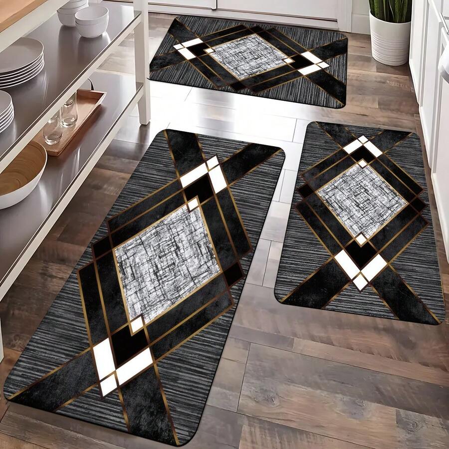 1pc/2pcs Creative Modern Geometric Print High Elasticity Absorbent Non-Slip Kitchen Mat, Suitable For Bedroom, Kitchen And Bathroom, Absorbent Household Doormat, Multipurpose Entrance, Kitchen, Bathroom Mat - Black - View 1