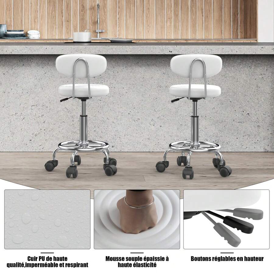 Set Of 2 Bar Stools, Dining Chairs With Castors, Split Backrest, Kitchen Chairs With 120 Kg Load Capacity - White - View 1