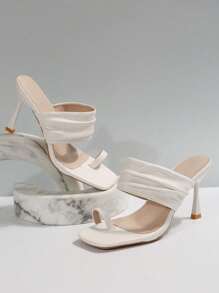 法式白色褶皱露趾坡跟凉鞋，女士新款时尚系带高跟凉鞋，夏季