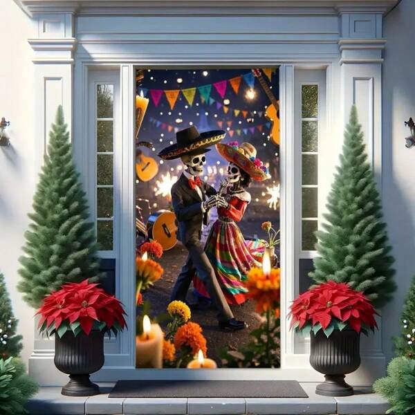 1 Vivid Dancing Skeleton Couple Doorplate Polyester Party Decoration, Suitable For May Day, The Day Of The Dead And General Home Decoration. No Electricity Required, Suitable For Entrance, Living Room, Bedroom, Kitchen And Office. Festival Home Decoration | Colorful Party Decoration | Polyester Doorplate, The Day Of The Dead Decoration