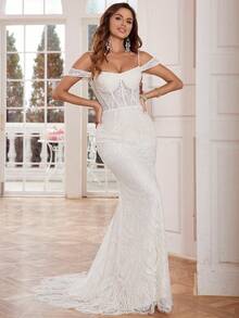 Suknie ślubne w stylu syreny z koronką, długie, z trenem, dekoltem w serek, odkryte ramiona, lśniące koronkowe suknie ślubne dla kobiet, sznurowane plecy, dopasowane koronkowe, formalne suknie wieczorowe dla panny młodej