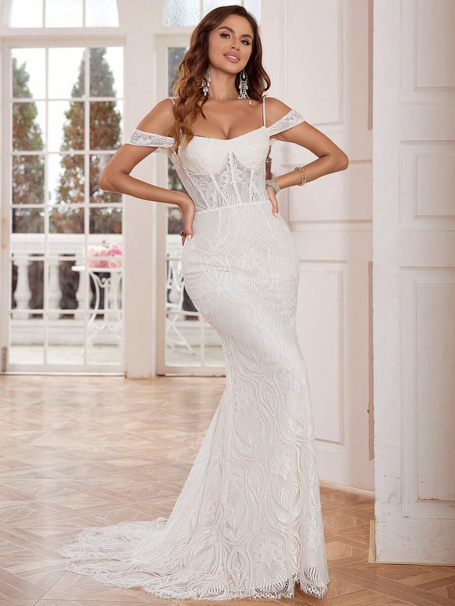 Suknie ślubne w stylu syreny z koronką, długie, z trenem, dekoltem w serek, odkryte ramiona, lśniące koronkowe suknie ślubne dla kobiet, sznurowane plecy, dopasowane koronkowe, formalne suknie wieczorowe dla panny młodej