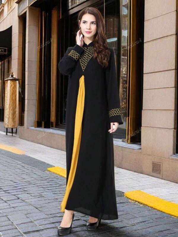 Arab Style Women's Loose Fit Color Block Robe, Minority Ladies Long Abaya Robe, Spring/Summer, Modest