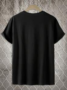 Loose Crew Neck Casual Boyfriend Style Customizable T-Shirt - Personalize With Your Own Photo (Family Portrait/Selfie/Pet/Friends/Couple/Girlfriend/Holiday Theme/Vacation Style Picture; Fashionable, Casual, Minimalist Elegant, Personalized, Unique Design, Daily Versatile, Capsule Wardrobe, Streetwear; Ideal Gift For Him) - Black - View 6