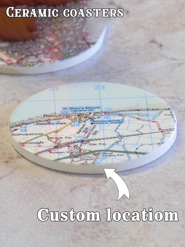 1Pc Personalised Custom Vintage Map Coasters,Custom Location Coasters Wedding Favo, Personalised Mother's Day, Birthday, Father's Day Gift, Photo Gift