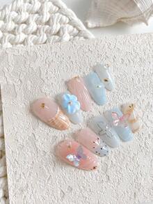 10pcs/Set Handmade Almond Shaped Carved Blue & Pink 3D Butterfly High-End French Shell Nail Art Tips, Reusable, Suitable For Girls, Birthday Parties And Elegant Daily Use, Comes With 1pc Jelly Glue And 1pc Nail File