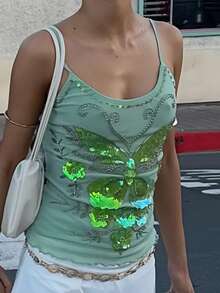 Women Y2k Crop Cami Tops Summer Sparkly Sequins Butterfly Camisoles Sleeveless Ruffle Trim Hem Spaghtti Strap Slim Fit Tank Tops Vintage Mesh Patchwork Going Out Tops Fairy Grunge Aesthetic Clothes Streetwear 90s - 綠色 - 查看 2