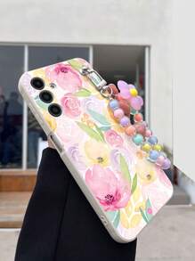 1 pieza Funda de teléfono a prueba de golpes con diseño de flores acuarela ditsy de TPU blanco y 1 pieza Pulsera con flores rosas y cuentas, compatible con iPhone 15 Pro Max, A14, A54, A52, A31 4G, A23, Redmi Note 8 Pro, Note 11 Pro 4G, Note 12 4G, OPPO A54