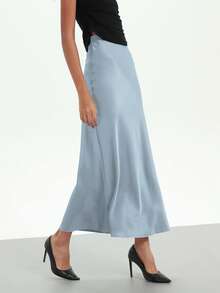 女士时尚弹力缎面触感缎面长裙，适合所有季节 - 雲水藍 - 查看 6