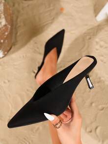 Women's V-Cut Pointed Toe Mules High Heel Slippers, Fashion Stilettos Backless Sandals, European Style Pointed Toe High Heel Slip-On Shoes, Black Color,Elegant,Party,Kitten Heels - Black - View 3