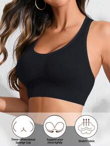 Wireless Push Up Sports Bra For Women Seamless Gym Top Underwear Cut Out Back Ruched Bralette Fitness Tank Vest Tops Basics Ribbed Running Top Crop Top Training Bra Workout Yoga Sportswear Intimates - Black - View 3