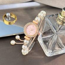 1 pièce Montre à quartz élégante pour femmes ornée de perles blanches, cadran cristal minimaliste, conception raffinée et exquise