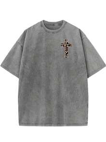 230g Washed Batik Vintage Short-Sleeved T-Shirt, Double-Sided Printed Flowers, Christianity, Men, Cross, God.