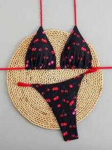 Bộ bikini buộc dây in họa tiết nhiều màu sắc mới với kiểu dáng Brazil, quần lọt khe gợi cảm, thích hợp cho kỳ nghỉ biển. - Đỏ - Xem 2