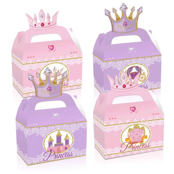 4/12/24 pièces Boîte-cadeau couronne de princesse, sac-cadeau de bonbons et de collations thème princesse, boîte en papier pour faveurs de fête d'anniversaire, petit cadeau pour les fêtes