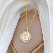 1pc Luxurious Pearl Stainless Steel Cross Titanium Chain Pendant Necklace, Arabic Style Cross Necklaces For Women, Suitable For Daily Wear Or Gift